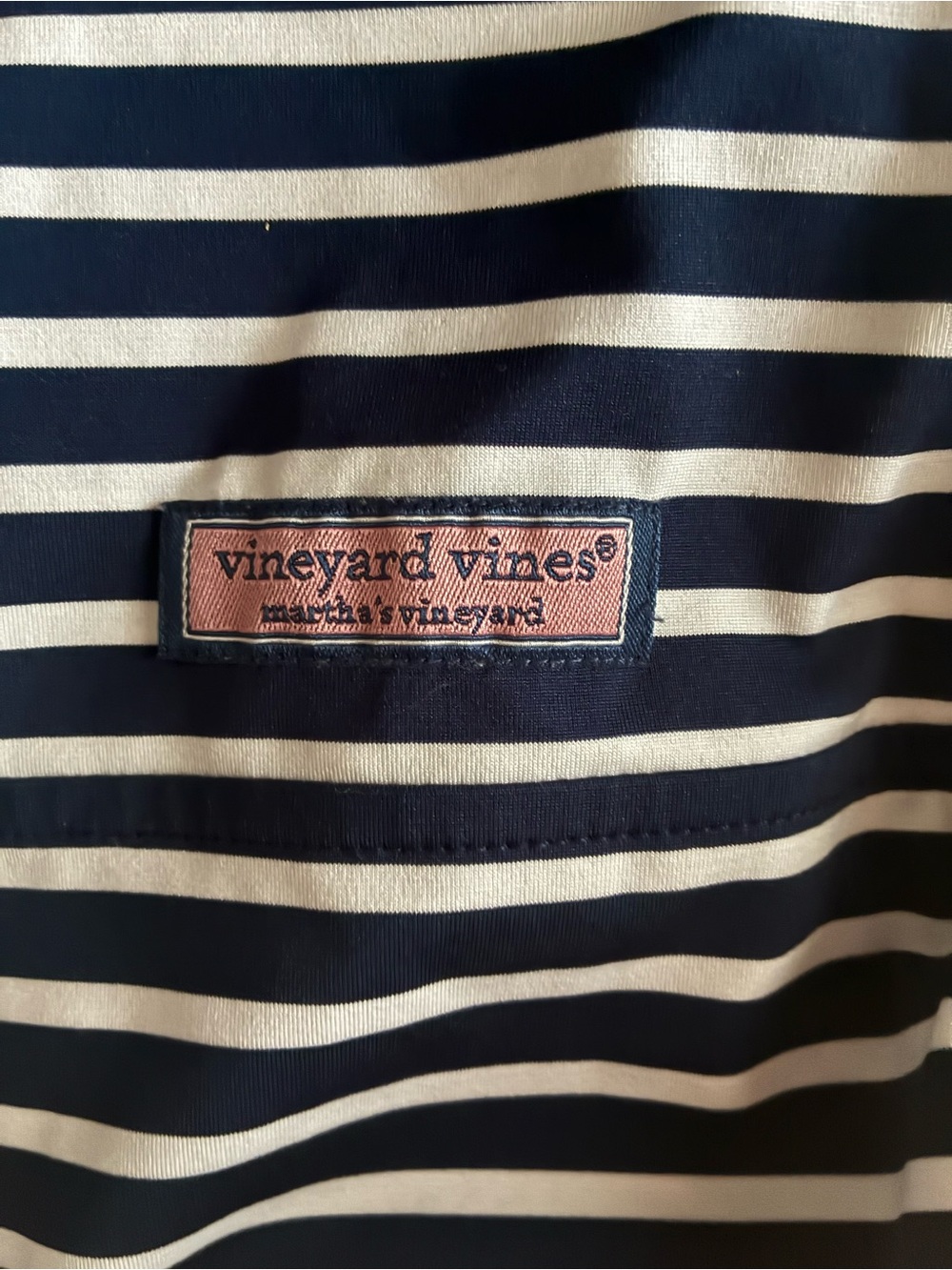 Vineyard Vines Navy and White Striped Tee with Pink Logo Patch
